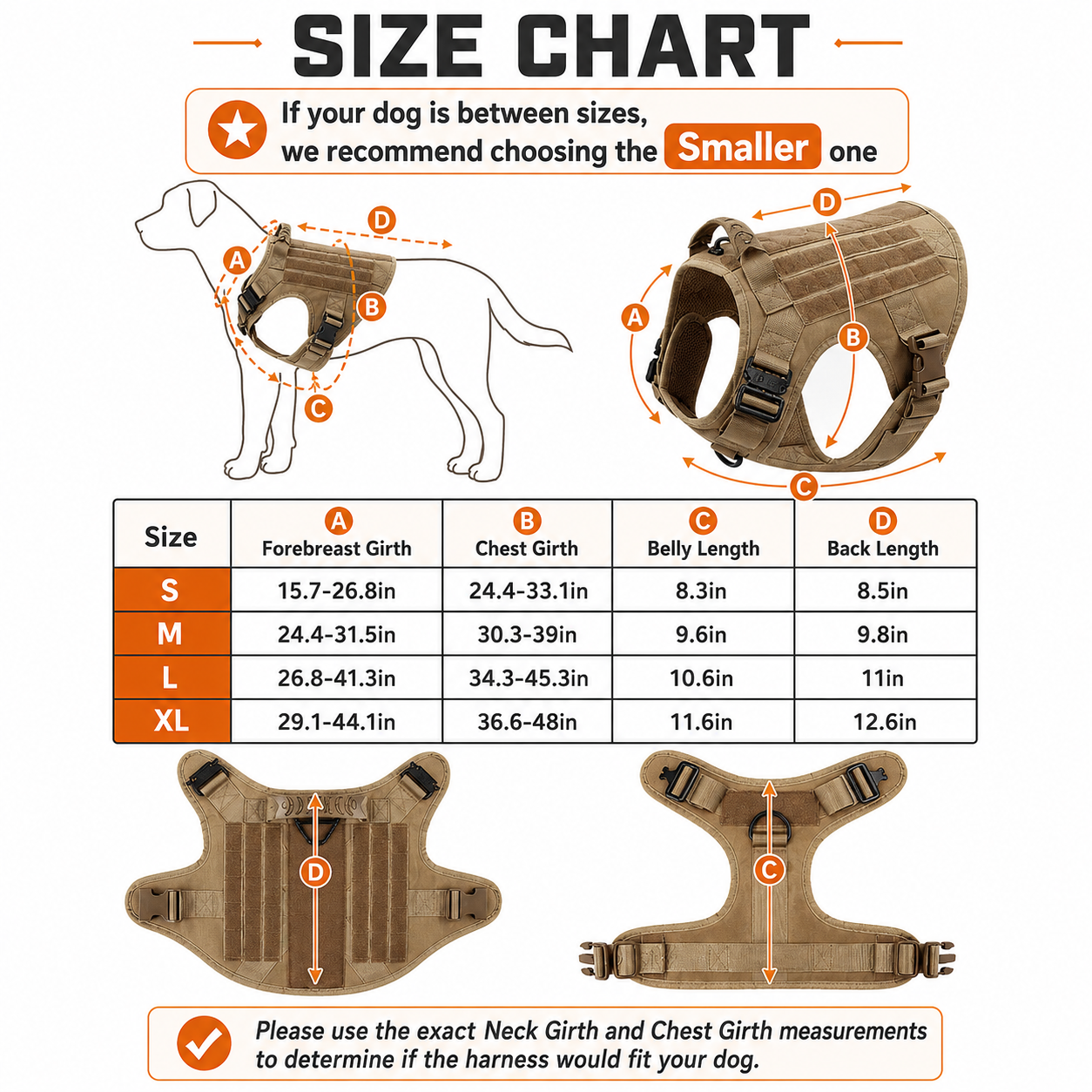 Dog harness size chart